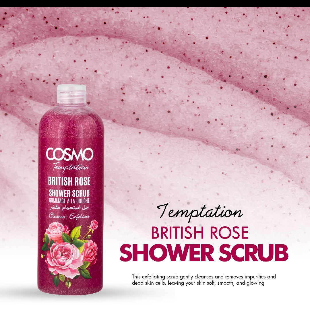 Cosmo Temptation British Rose Shower Scrub - مقشر الاستحمام برائحة الورد البريطاني المغري