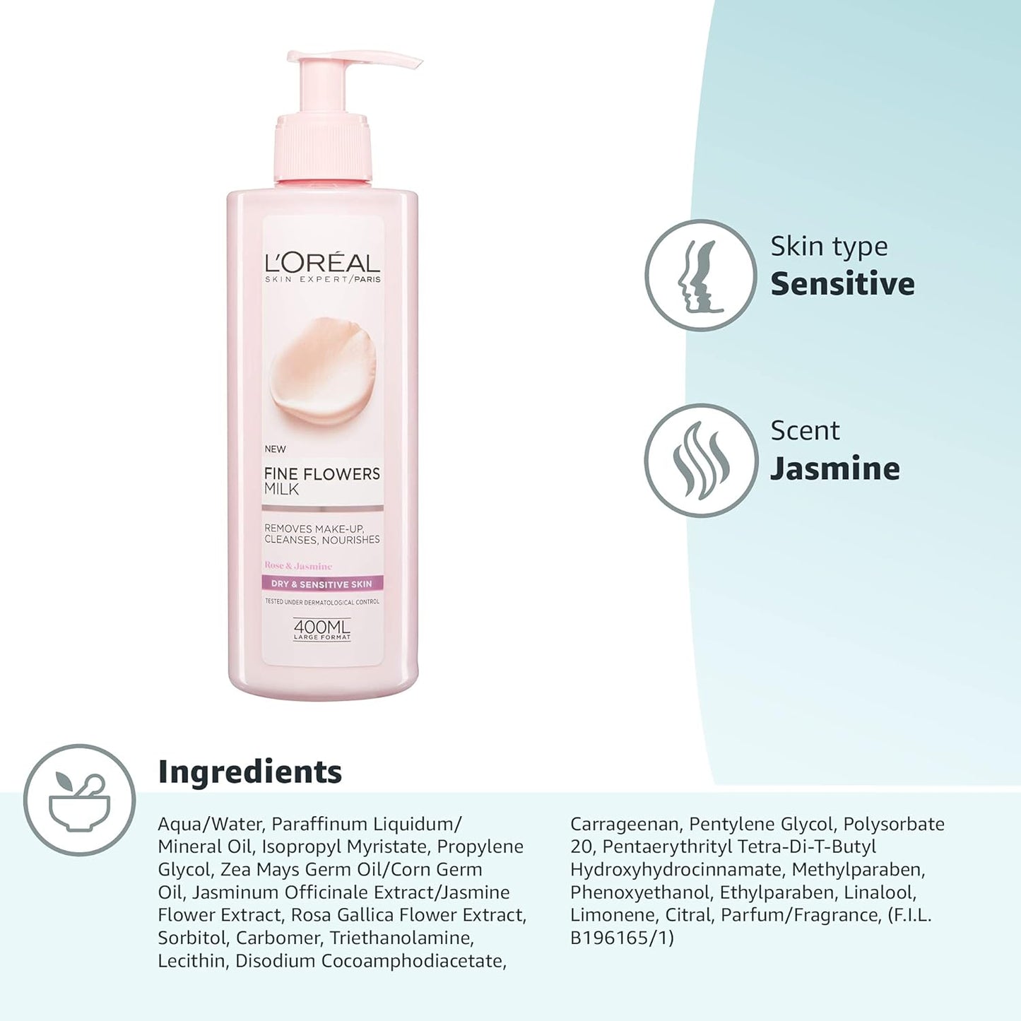 L’oreal fine flowers milk removes make-up, cleanses 400ml - غسول البشرة حساسة من لوريال باريس