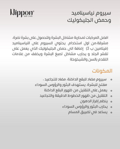 Nippon Skin Care Glycolic Acid & Niacinamide Serum - سيروم الجليكوليك بنسبة 8% والنياسيناميد بنسبة 2% من نيبون