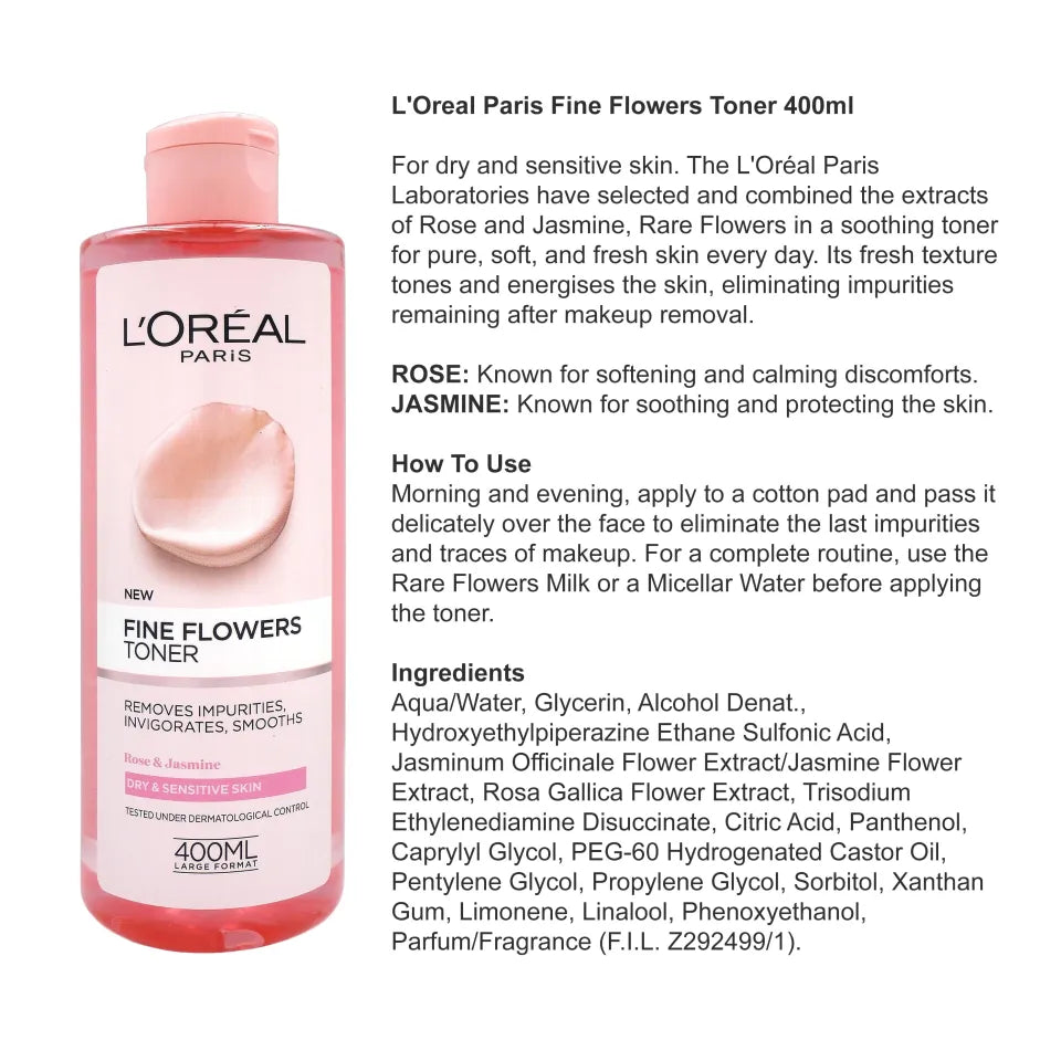 L’oreal fine flowers toner removes impurities, smooths 400ml - تونر البشرة للنعومة من لوريال باريس