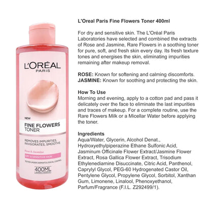 L’oreal fine flowers toner removes impurities, smooths 400ml - تونر البشرة للنعومة من لوريال باريس