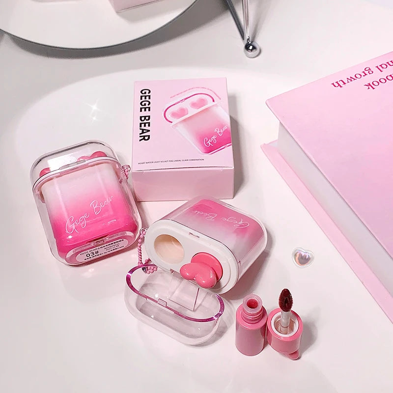 Gege bear heart light velvet fog labial glair combination-سيت الشفاه سماعة