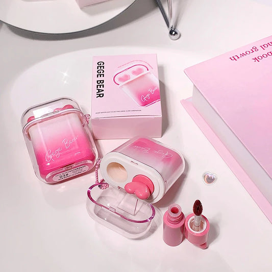 Gege bear heart light velvet fog labial glair combination-سيت الشفاه سماعة